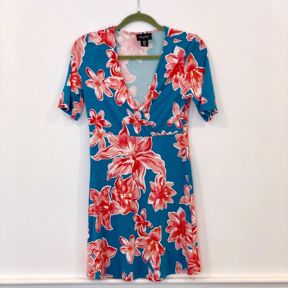 Blue and red floral cotton stretchy skater dress.